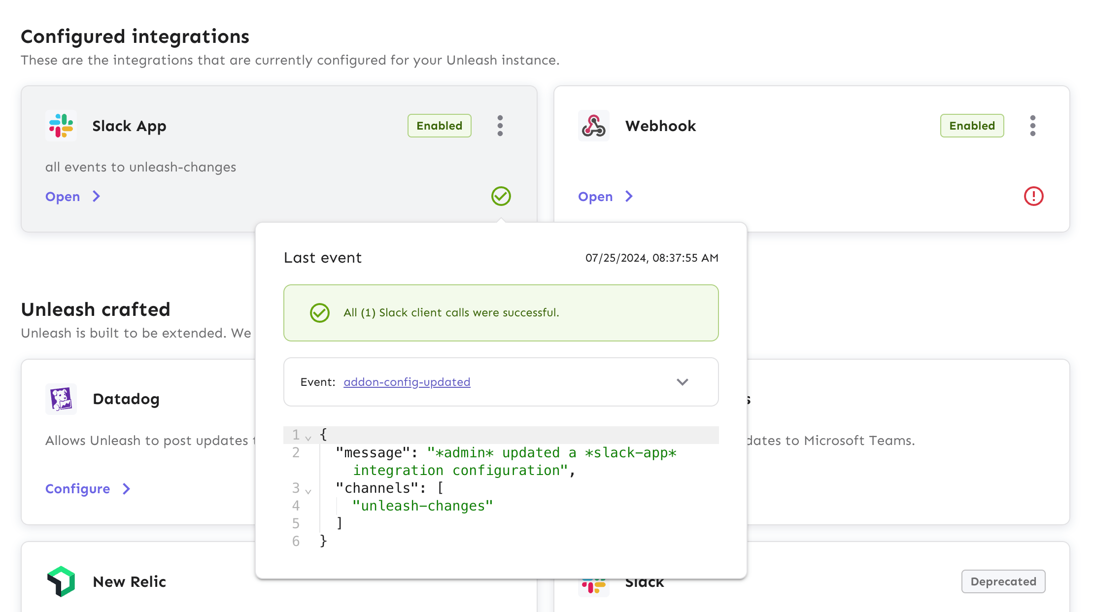 Icon representing the latest integration event for a specific integration configuration.